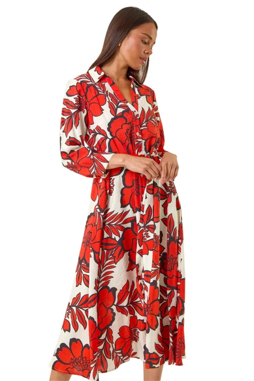 Roman Red Petite Floral Midi Shirt Dress - 14 Image 1