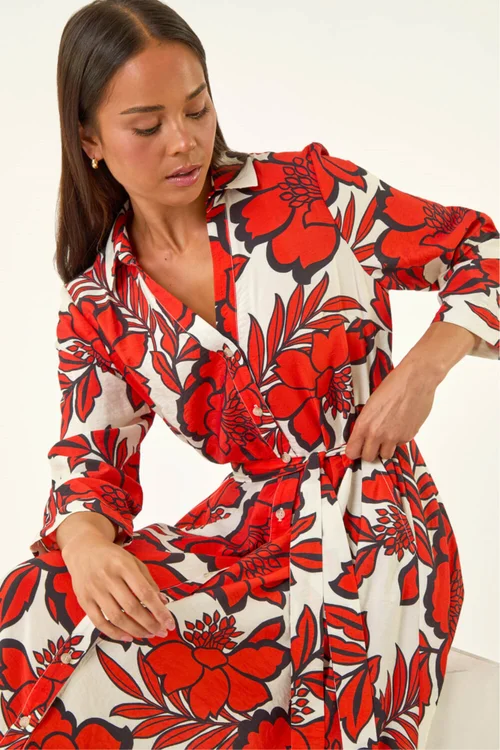 Roman Red Petite Floral Midi Shirt Dress - 14 Image 2
