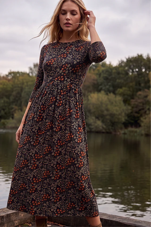 Roman Black Ditsy Floral Gathered Midi Dress