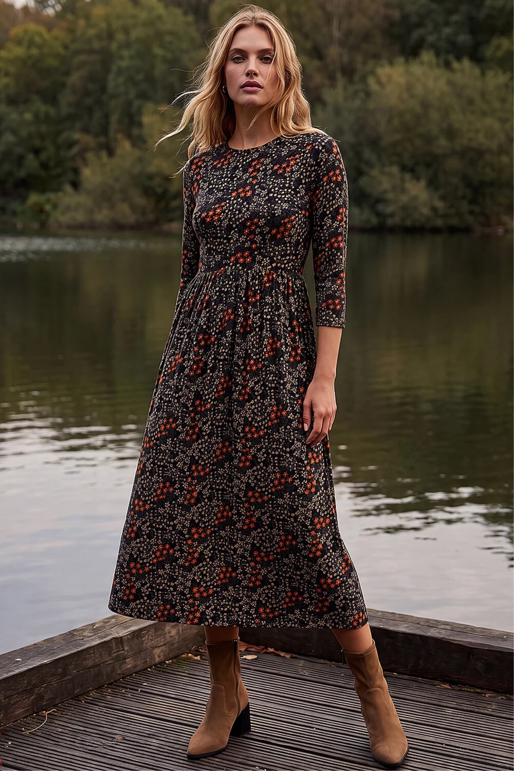 Roman Black Ditsy Floral Gathered Midi Dress - 10 Image 2
