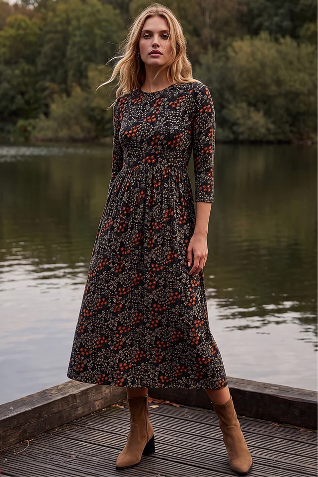 Roman Black Ditsy Floral Gathered Midi Dress