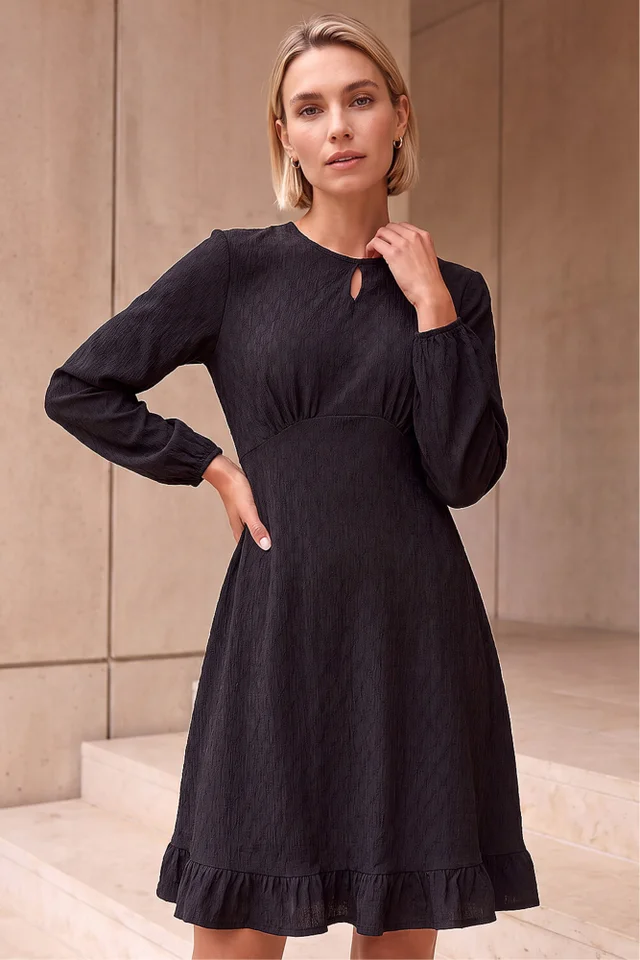 Roman Black Textured Spot Keyhole Dress