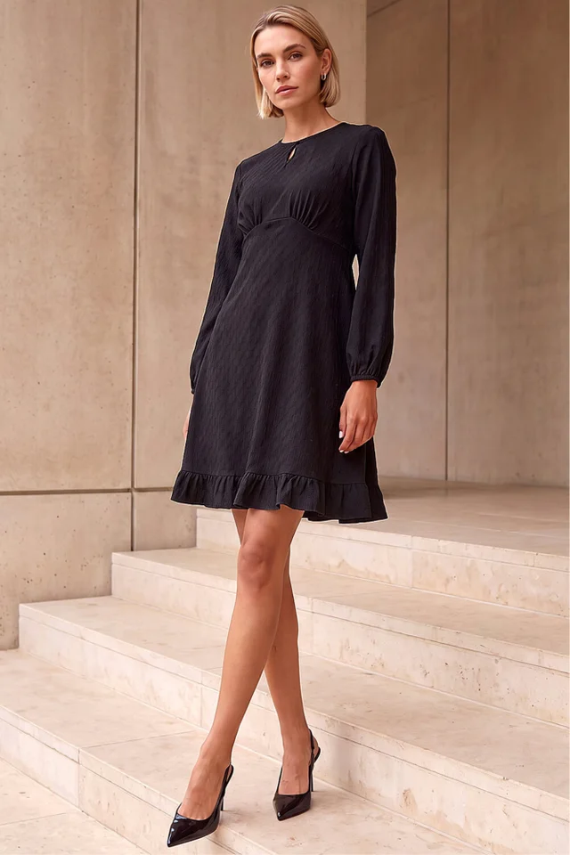 Roman Black Textured Spot Keyhole Dress