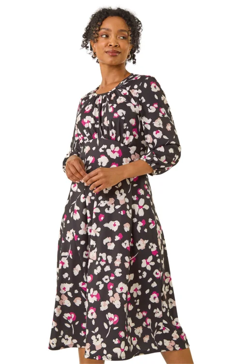 Roman Black Petite Floral Gathered Midi Dress - 14 Image 1