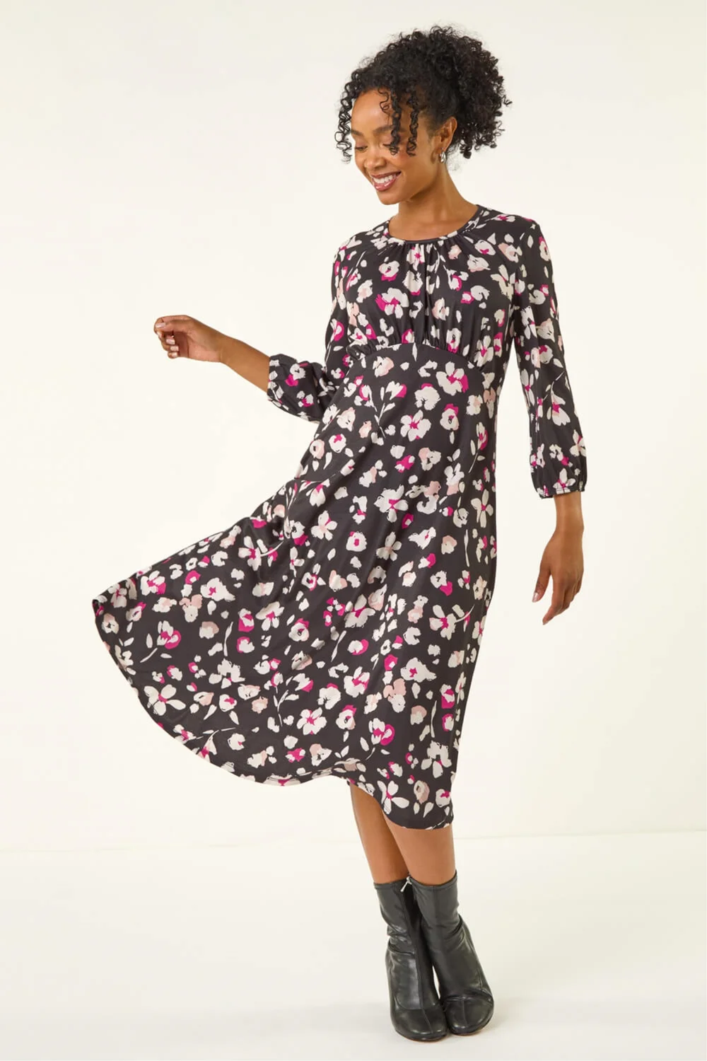 Roman Black Petite Floral Gathered Midi Dress - 14 Image 2