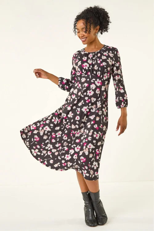 Roman Black Petite Floral Gathered Midi Dress - 14 Image 2