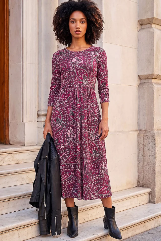 Roman Purple Petite Paisley Pocket Midi Dress