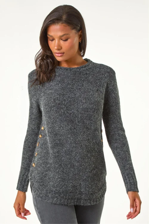 Roman Black Button Detail Curved Hem Jumper - 10 Image 1