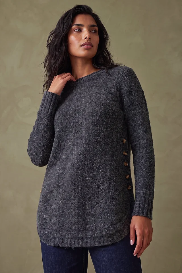 Roman Black Button Detail Curved Hem Jumper