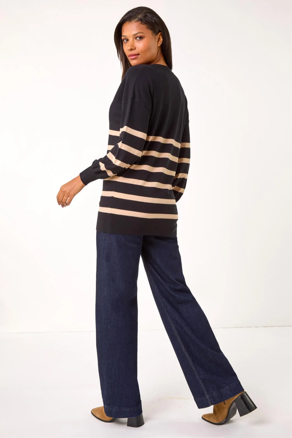 Roman Black Stripe V-Neck Boyfriend Knit Jumper - 18 Image 3