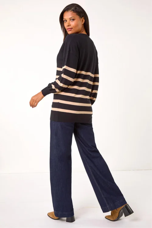 Roman Black Stripe V-Neck Boyfriend Knit Jumper - 18 Image 3
