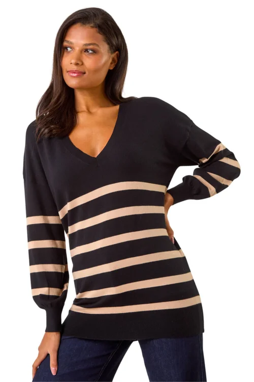 Roman Black Stripe V-Neck Boyfriend Knit Jumper - 18 Image 1