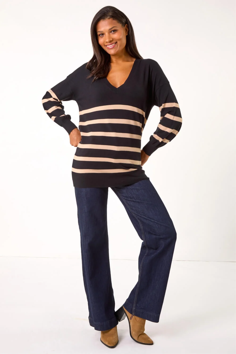 Roman Black Stripe V-Neck Boyfriend Knit Jumper - 18 Image 2
