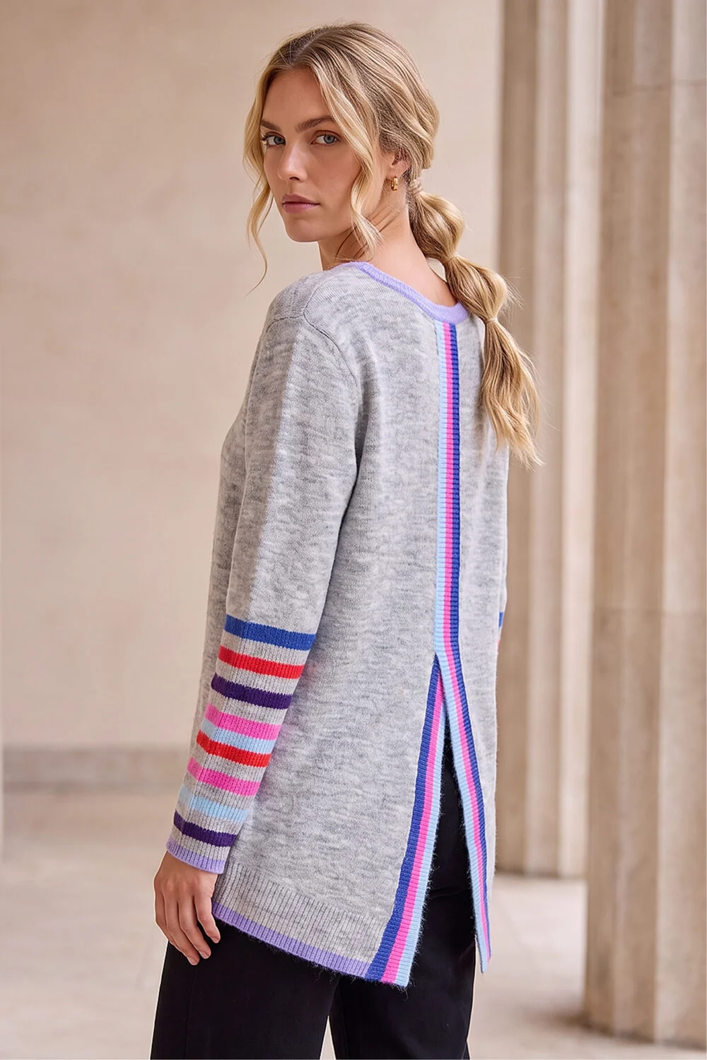 Roman Light Grey Contrast Stripe Detail Knit Jumper - 20 Image 2