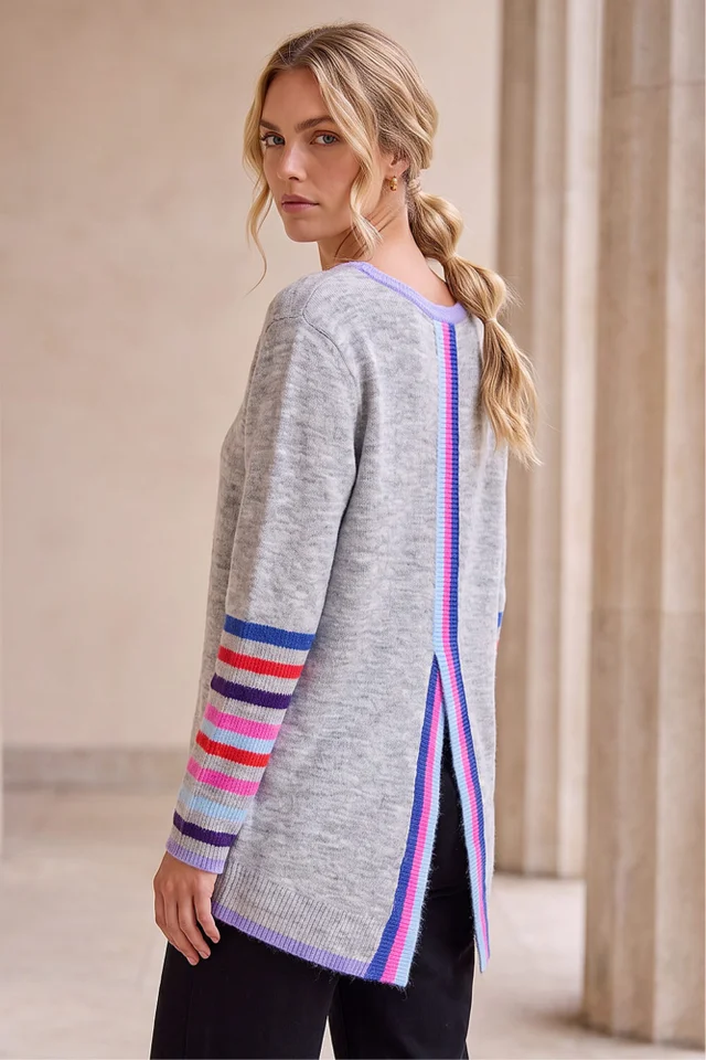 Roman Light Grey Contrast Stripe Detail Knit Jumper