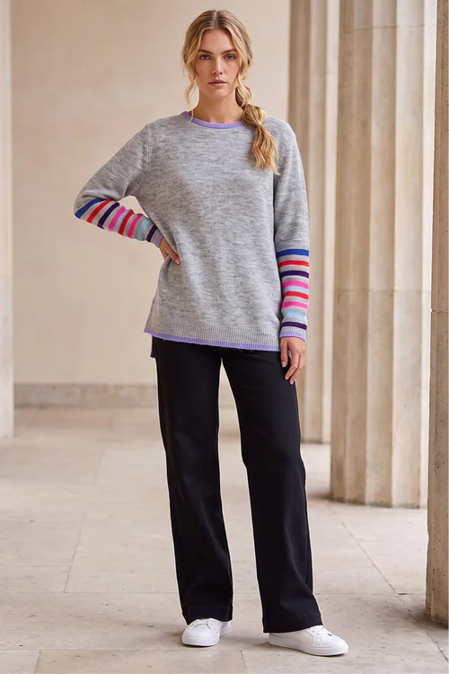 Roman Light Grey Contrast Stripe Detail Knit Jumper - 20 Image 3
