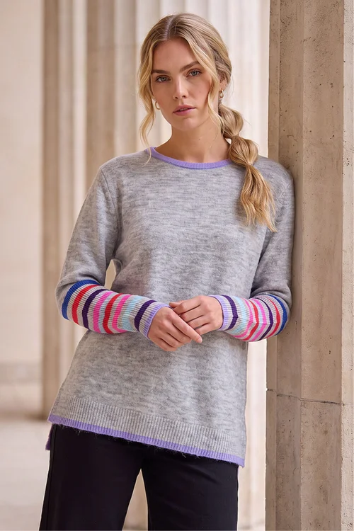 Roman Light Grey Contrast Stripe Detail Knit Jumper - 20 Image 1