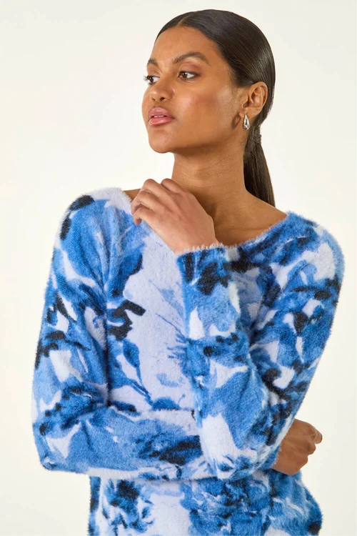 Roman Blue Fluffy Floral Print Knit Jumper - 14 Image 3
