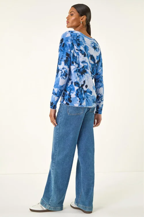 Roman Blue Fluffy Floral Print Knit Jumper - 14 Image 4