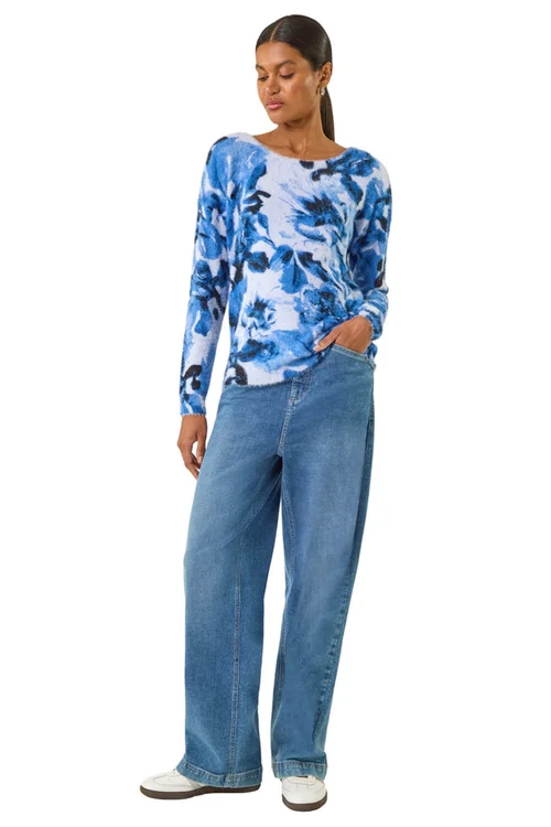 Roman Blue Fluffy Floral Print Knit Jumper - 14 Image 2
