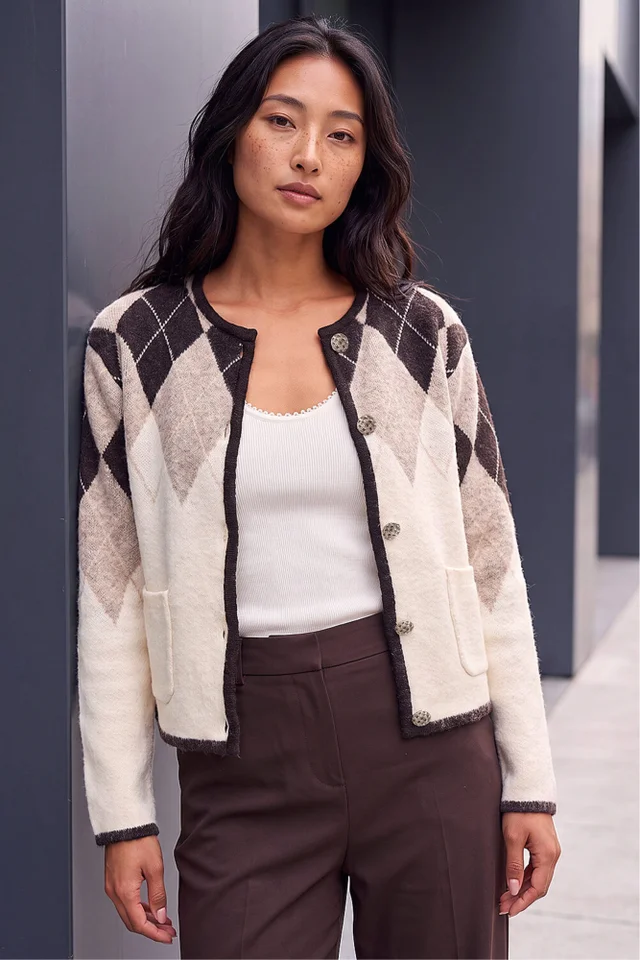 Roman Natural Petite Buttoned Argyle Knit Cardigan
