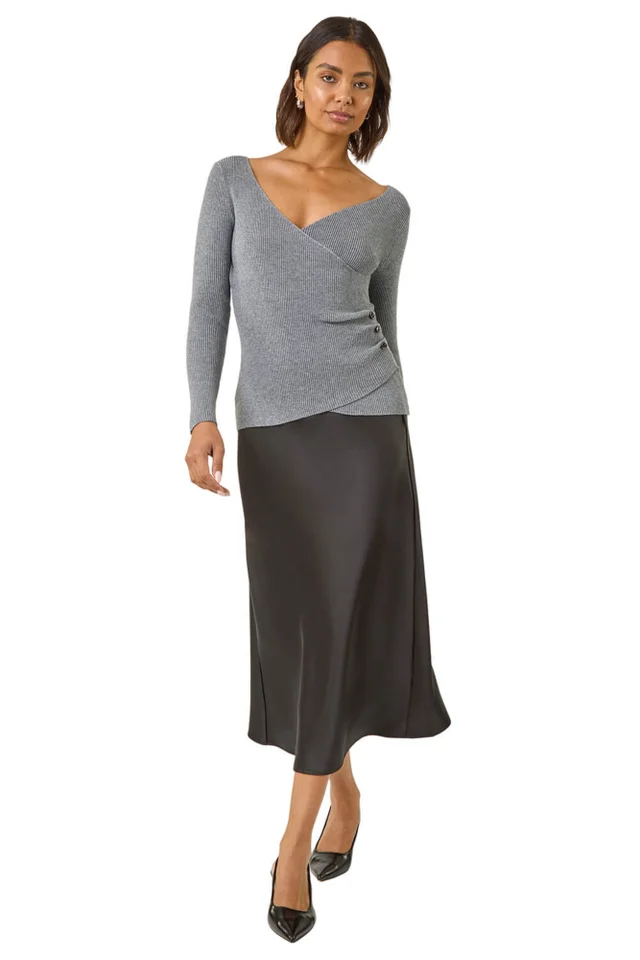 Roman Grey Wrap Button Detail Knit Jumper