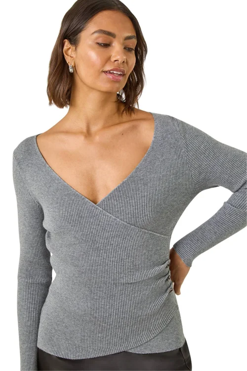 Roman Grey Wrap Button Detail Knit Jumper - Size 14 Clothing Image 1