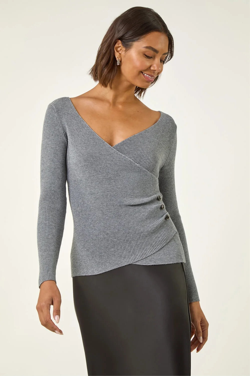 Roman Grey Wrap Button Detail Knit Jumper - Size 14 Clothing Image 3