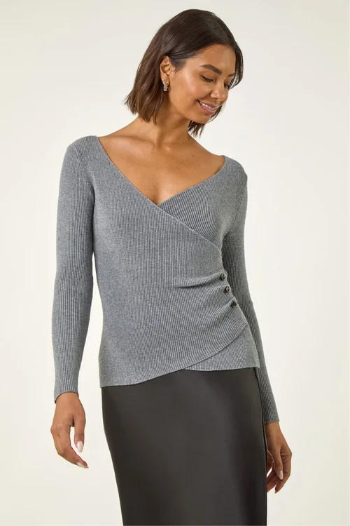 Roman Grey Wrap Button Detail Knit Jumper - Size 14 Clothing Image 3