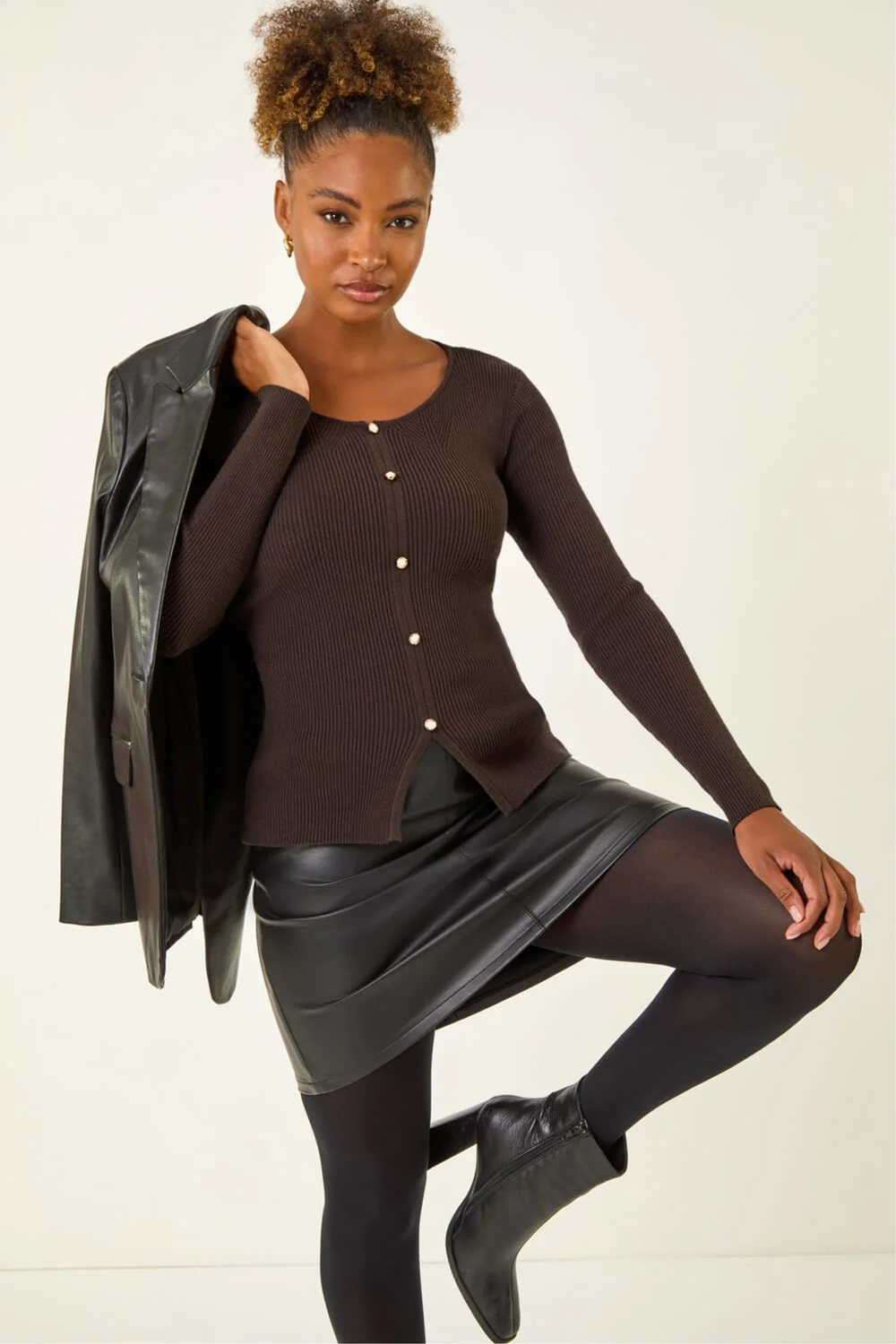 Roman Chocolate Pearl Ribbed Knit Jumper - 20 Image 2