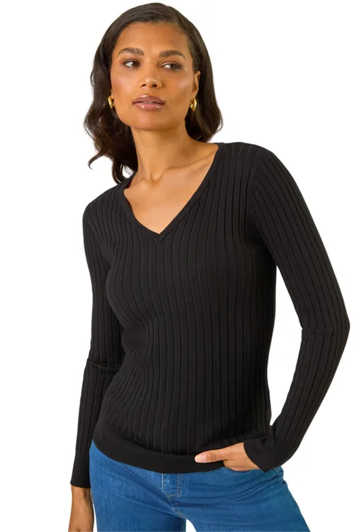 Roman Black V-Neck Ribbed Knit Jumper - 14 Image 1