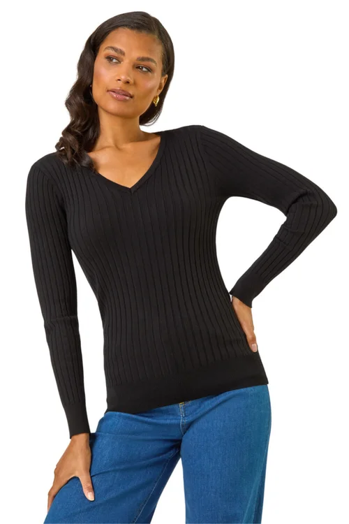 Roman Black V-Neck Ribbed Knit Jumper - 14 Image 2