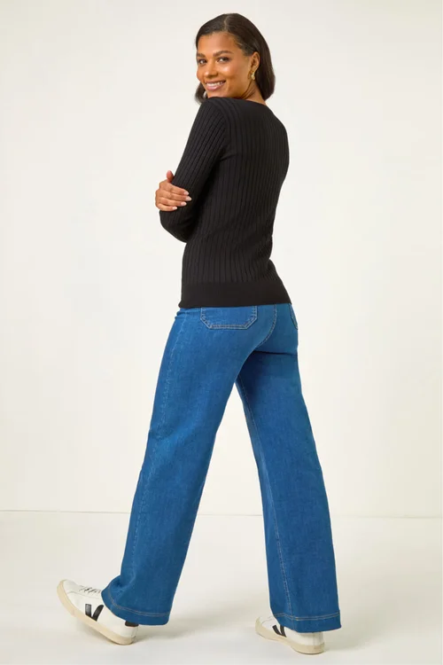 Roman Black V-Neck Ribbed Knit Jumper - 14 Image 4