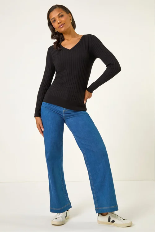 Roman Black V-Neck Ribbed Knit Jumper - 14 Image 3