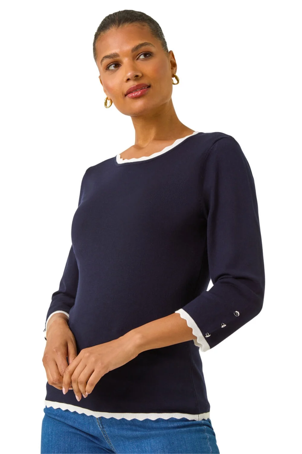 Roman Navy Scallop Neck Button Knit Jumper - 10 Image 1