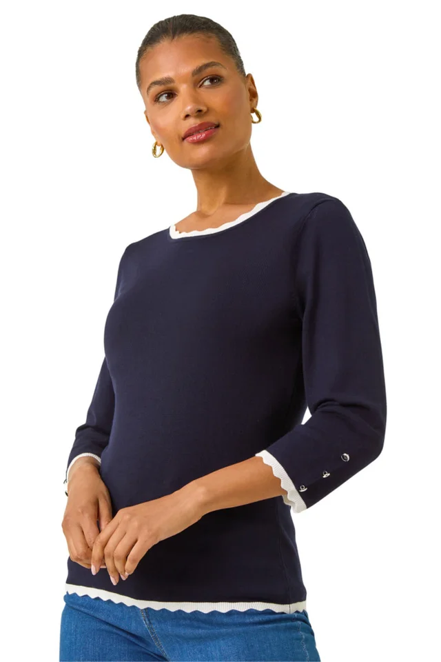Roman Navy Scallop Neck Button Knit Jumper