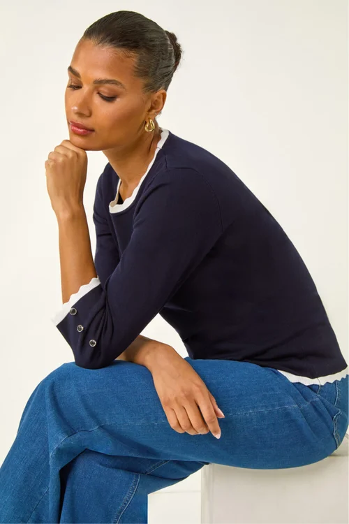 Roman Navy Scallop Neck Button Knit Jumper - 10 Image 2