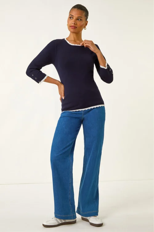 Roman Navy Scallop Neck Button Knit Jumper - 10 Image 3