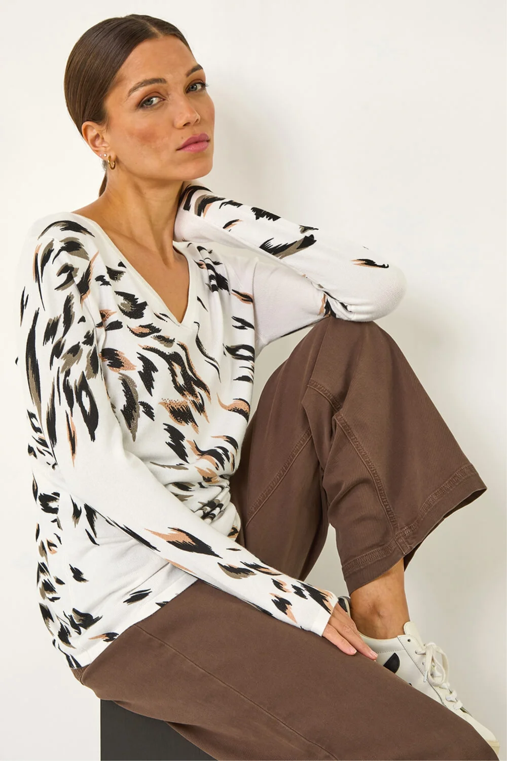 Roman Beige V Neck Print Jumper - 12 Image 1