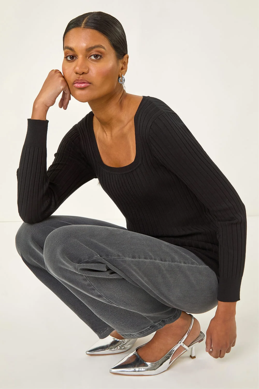 Roman Black Square Neck Ribbed Knit Jumper - 18 Image 3