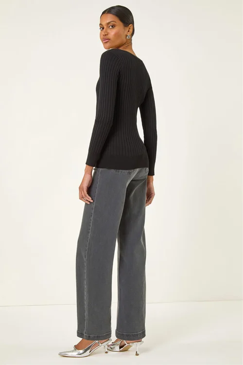 Roman Black Square Neck Ribbed Knit Jumper - 18 Image 4