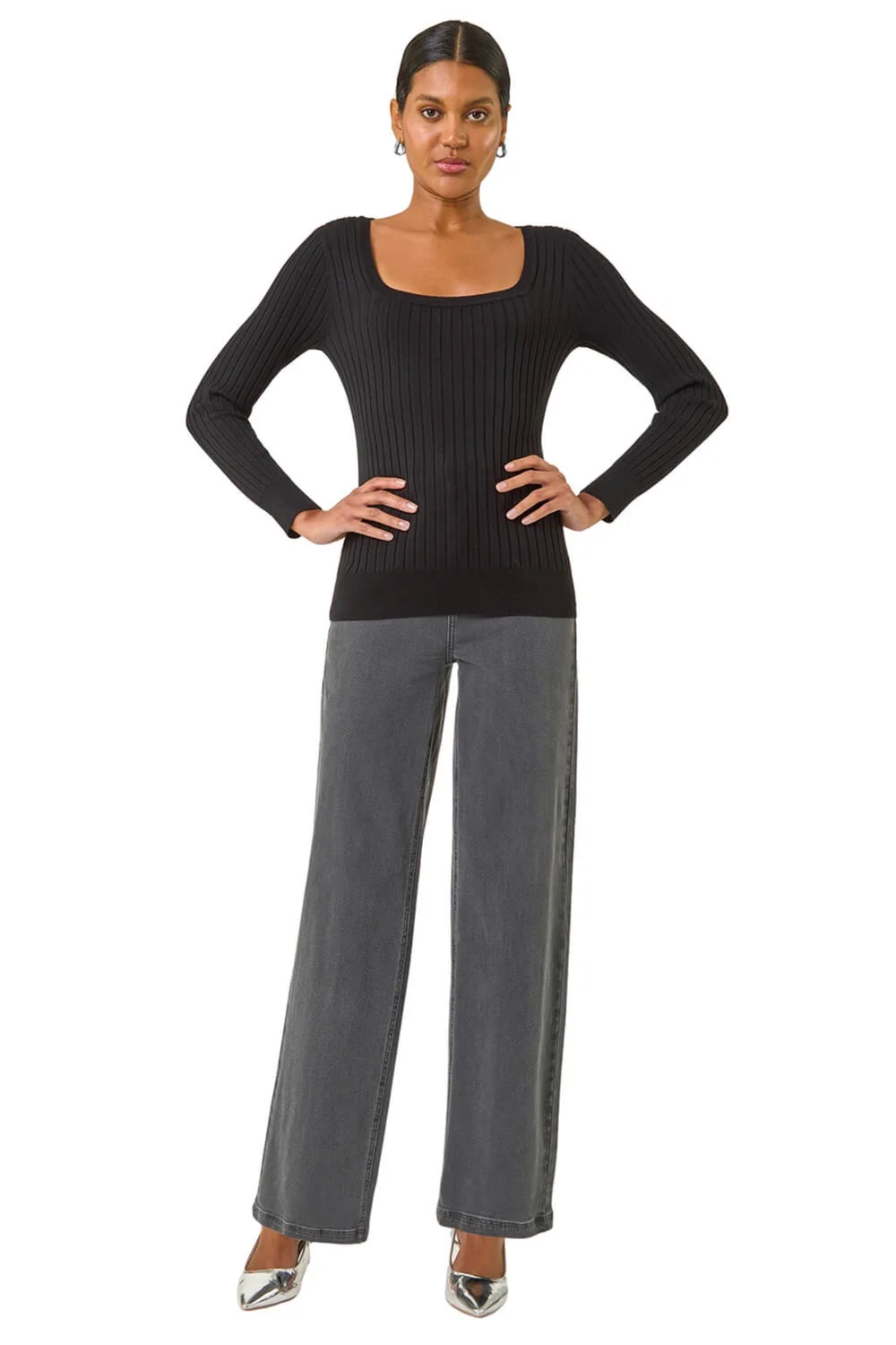 Roman Black Square Neck Ribbed Knit Jumper - 18 Image 2