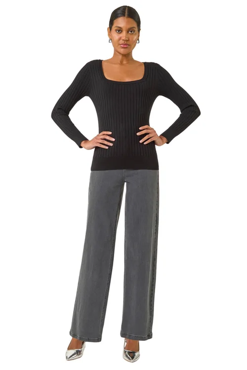 Roman Black Square Neck Ribbed Knit Jumper - 18 Image 2