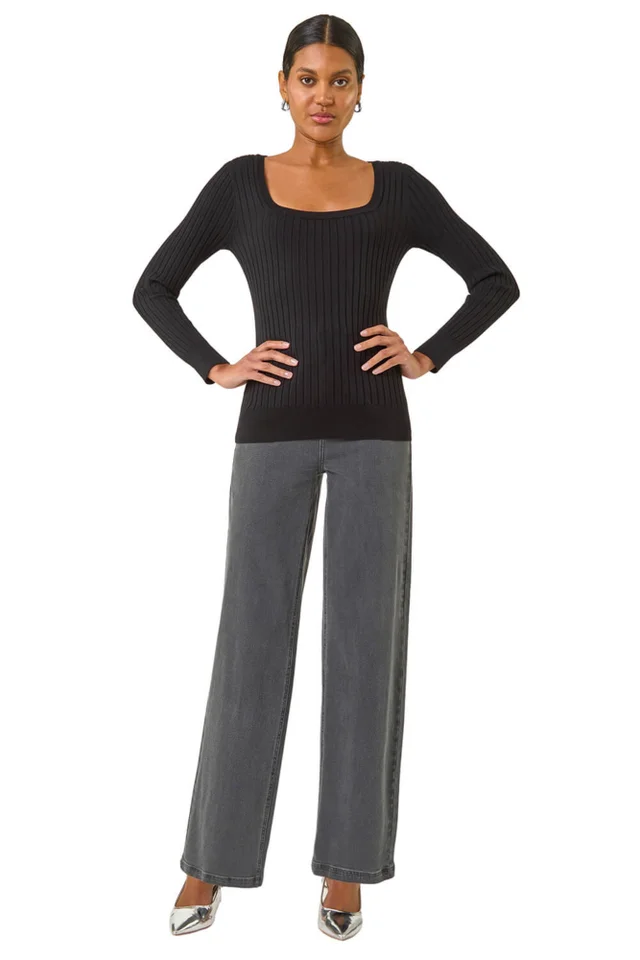 Roman Black Square Neck Ribbed Knit Jumper