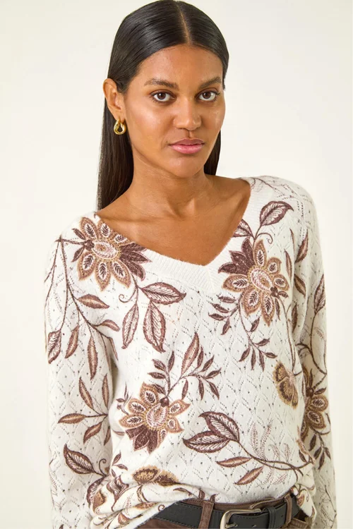 Roman Ivory Floral Print V-Neck Knit Jumper - 18 Image 4