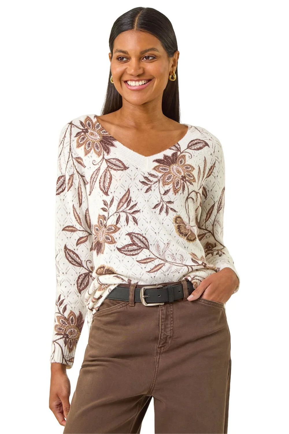 Roman Ivory Floral Print V-Neck Knit Jumper - 18 Image 1