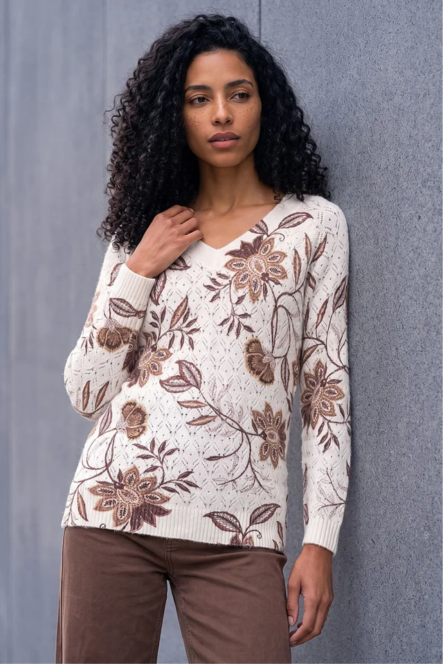 Roman Ivory Floral Print V-Neck Knit Jumper