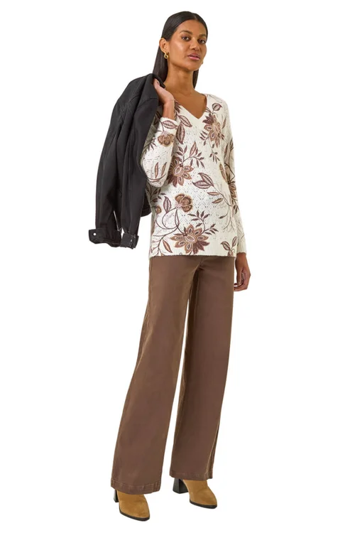 Roman Ivory Floral Print V-Neck Knit Jumper - 18 Image 2