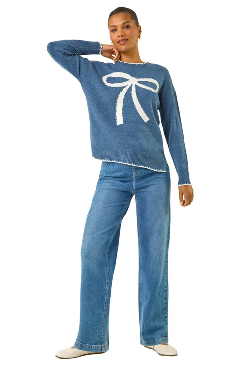 Roman Blue Contrast Stitch Bow Knit Jumper - Size 16 Clothing Image 2