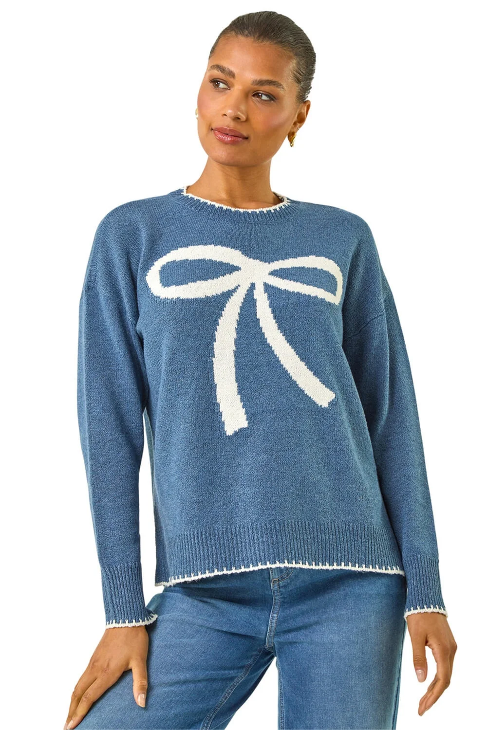 Roman Blue Contrast Stitch Bow Knit Jumper - Size 16 Clothing Image 1